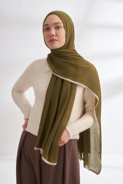 ARMANDA Muslin Piping Shawl - Dark Olive Green