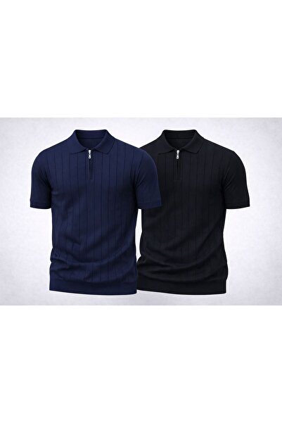 zs zaos fashion Σετ 2 τεμαχίων ανδρικά πλεκτά μπλουζάκια με φερμουάρ poloyaka...