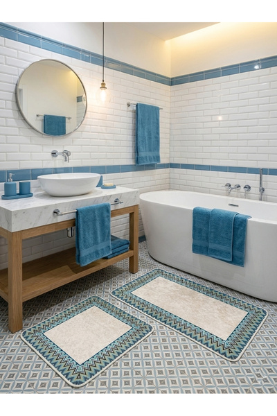 Brillant Mint Yeşil - Zigzag Desenli Deri Taban 2 li Banyo Paspas (60x100 - 6...