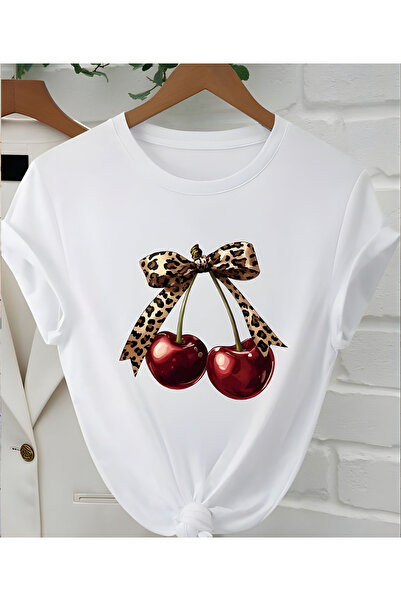 ASELİNDA Women's Cherry Printed Casual Round Neck Short Sleeve T-Shirt for Su...