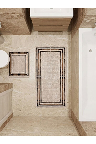 Brillant Bej Renk Çizgi Desenli 2 li Deri Taban Banyo Paspas (60x100 - 60x50)