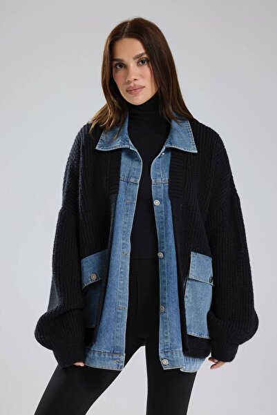 tw3 Kadın Kalın Triko Denim Kumaş Garnili Tasarım Ceket Hırka