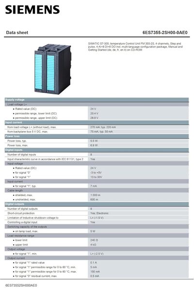 Siemens 6ES73552SH000AE0, SIMATIC S7-300, temperature Control Unit FM 355-2S