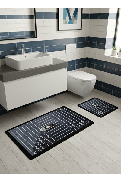 Brillant Tekne Desen Çizgi Desenli 2 li Deri Taban Banyo Paspas (70x110 - 70x50)