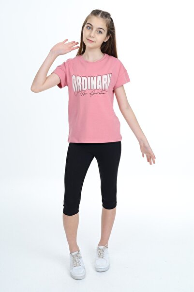 Toontoy Girl's 2-Piece Set Printed Crew Neck T-Shirt & Elastic Waist Crop Leg...