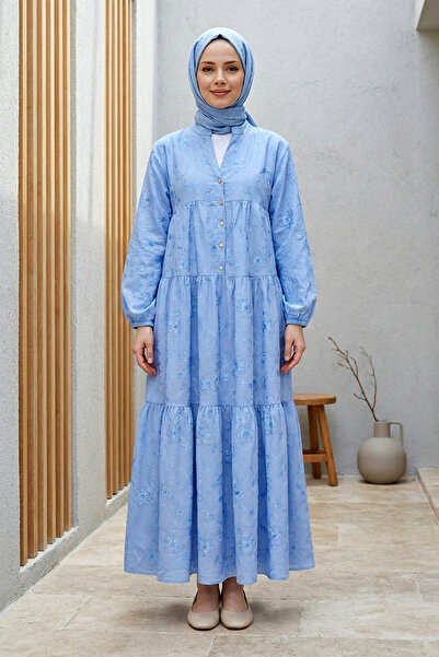 Kirazgym Women's Elastic Sleeves Half Buttoned Jacquard Printed Piece Dress -...