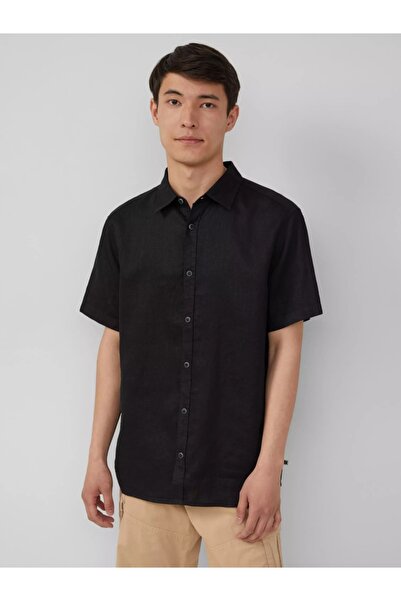 s.Oliver Мъжка ленена риза с къс ръкав и стандартна кройка, Черна, 3XL