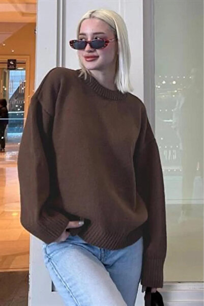 bysoca Women's Brown Crew Neck Long Sleeve Oversize Soft Textured Knit Sweater