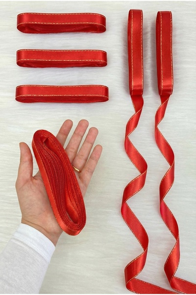 ZEYMERADE Gold Glitter Red Satin Ribbon 2 cm 10 Mt, Bohça Dowry Wedding Henna...