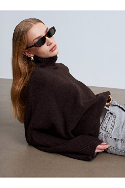 Dilvin 10817 Wool Blend Bat Sleeve Sweater-Dark Brown