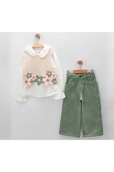 kokosh _ kidss burcu sapmaz Kız çocuk yeleklı çiçek motifli pantolonlu gömlek...