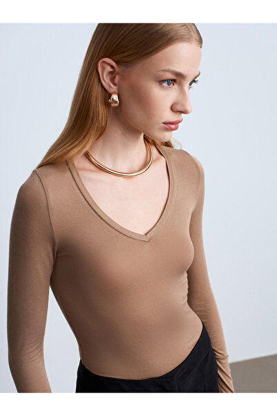 Dilvin 32310 V-Neck Cashmere Blouse-Mink