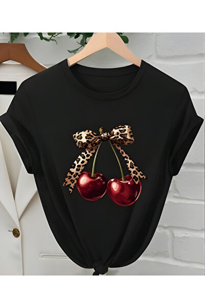 ASELİNDA Γυναικείο μπλουζάκι με στάμπα κεράσι, καθημερινό, με στρογγυλή λαιμό...