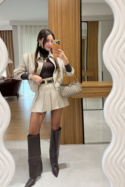 Gizem Ecemiş Aries Bej Kemerli Şort Etek