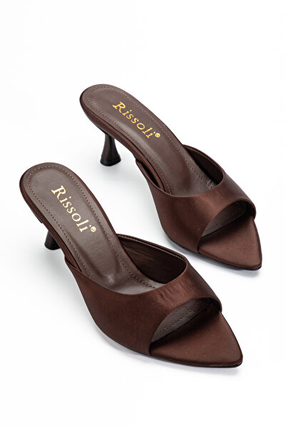 RİSSOLİ Women's Brown Satin Pointed Toe Low Heel Sandals