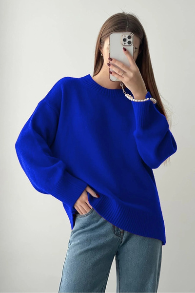 bysoca Women's Saks Blue Crew Neck Long Sleeve Oversize Soft Textured Knitwea...