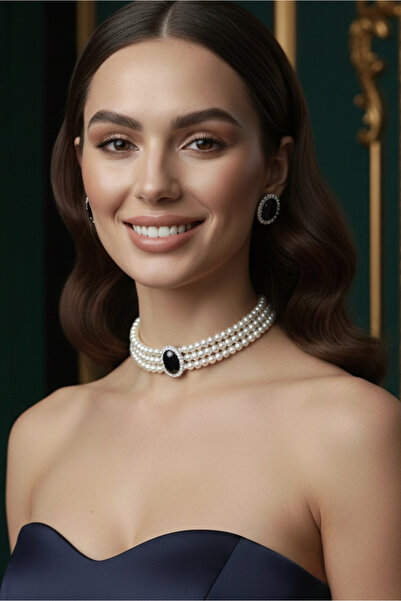 Happyline Siyah Oval Taşlı Choker Kolye Küpe Takım Tasma Kolye Cam İncili Güm...