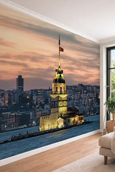dreamwall İstanbul Kız Kulesi Manzaralı Gün Batımı ve Şehir Işıkları Temalı T...