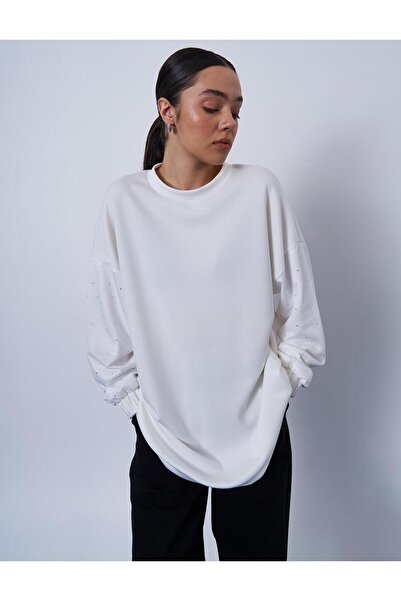 Kayra Hotfix Printed Scuba Sweatshirt Ecru 70035