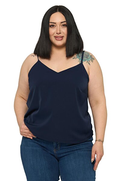 DISENTIS MODEST Plus Size Adjustable Thin Strap V-Neck Navy Blue Blouse