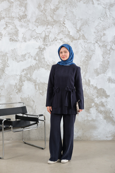 LOCCO Women's Crew Neck Ribbon Detail Modal Suit Navy Blue