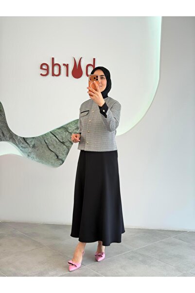 Armine Trend Ceketi Balıksırtı Desenli Etekli Takım 25KT608 Siyah