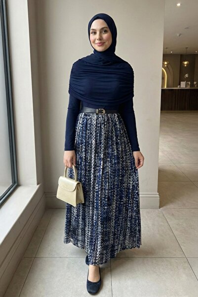 InStyle Şifon Sandy Kemerli Drapeli Lacivert Batik Desen Elbise