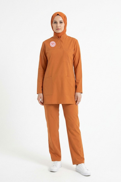 Pratik Medikal Clinic Support Staff Uniform Lycra Scrubs Hijab Suit Orange Oc...