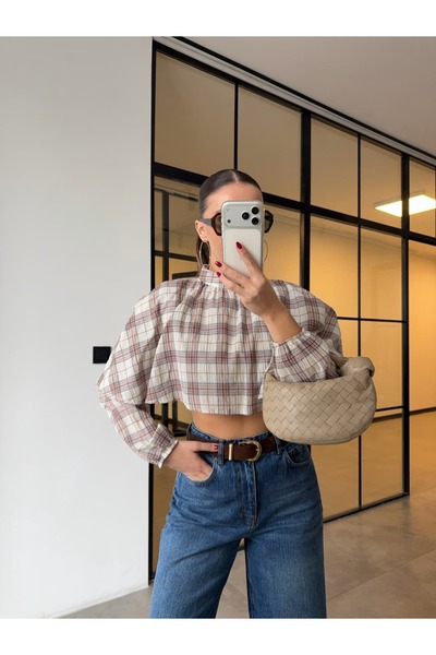 BB Bensu Buyruk Καρό μπλούζα με ελαστική μέση, εκρού