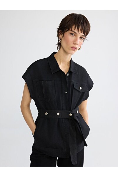 LC Waikiki Women's Jean Vest with Shirt Collar and Belt