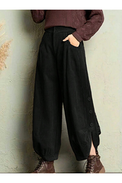 TESY Düğme Detaylı Yırtmaçlı Paça Oversize Fitilli Pantolon