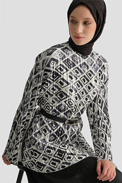 Armine Retro Desen Tunik Beyaz