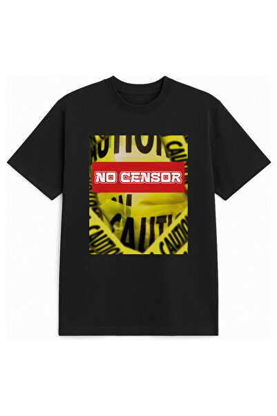 Gymmag Unisex Black T-Shirt "No Censor" with Print Graphic Caution - Modern S...