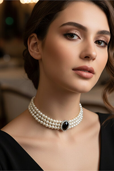 Happyline Siyah Oval Taşlı Cam İncili Choker Kolye, Tasma Kolye, Gümüş Kaplam...
