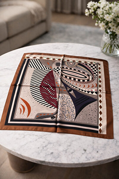 CHALDEMAR Kadın Kahverengi Geometrik Desenli Modern Art Kare Fular Eşarp