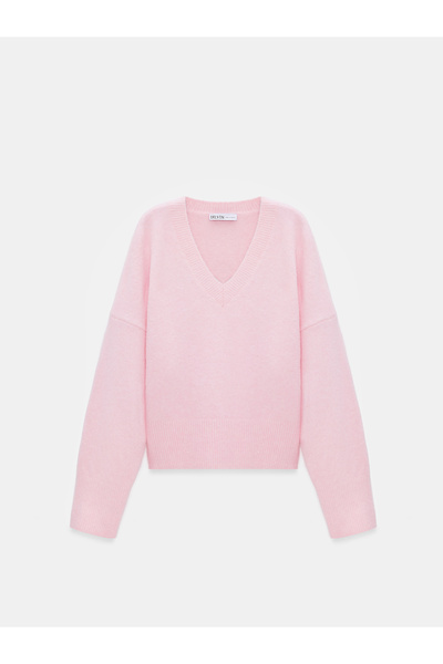 Dilvin 10645 V-Neck Wool Blend Sweater-Ş. Pink