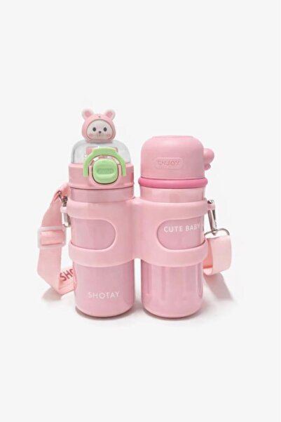 Shotay Termos Matara 330 ml + 330 ml Çift Hazneli 316 Çelik Pipetli Pembe – S...