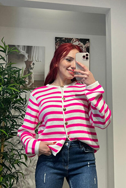 My Blog Pink Striped Gold Buttoned Sweater