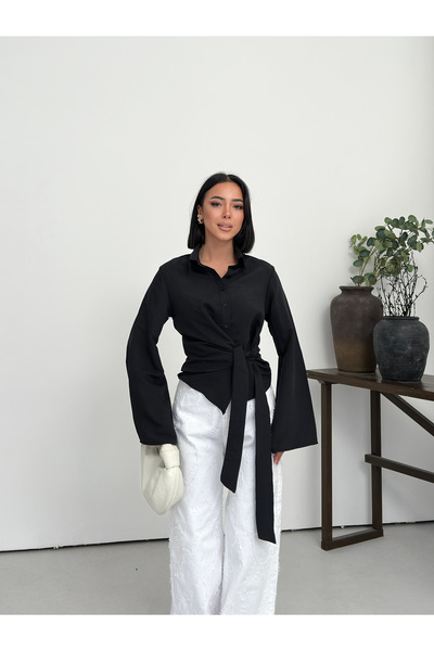 MODAMERSİ Women's Black Double-Breasted Shirt with Tie Detail