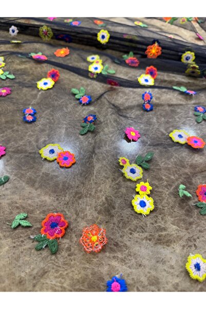 METERİAL Renkli Çiçek İşlemeli Tül Kumaş | Şeffaf, Hafif, Elbiselik