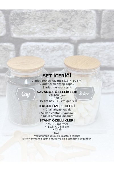 LİNGO HOME 2 Pieces of Marble Stand Vacuum Lid Glass Spice Jar Set (890Cc) - with Bamboo Spoon