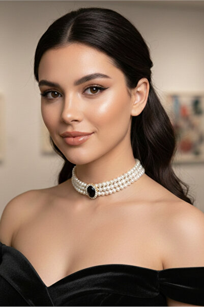 Happyline Siyah Oval Taşlı Cam İncili Choker Kolye, Tasma Kolye, Gold Kaplama...