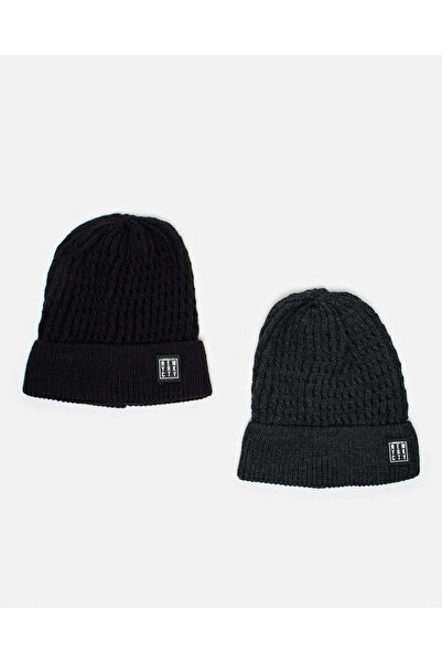 REDTAG Men Black Knitted Cap Set (Pack of 2)
