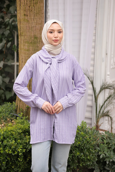 İmajButik Purple Collar Detailed Gingham Tunic Shirt
