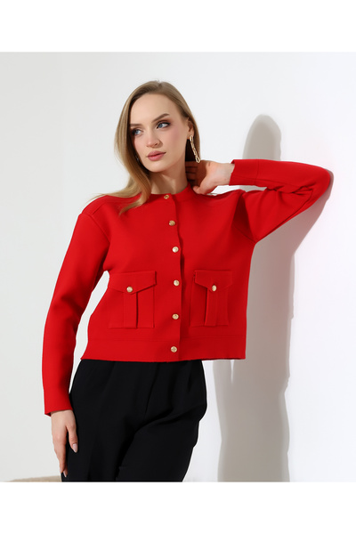 Moxsira Gold Düğmeli Kırmızı Kadın Ceket