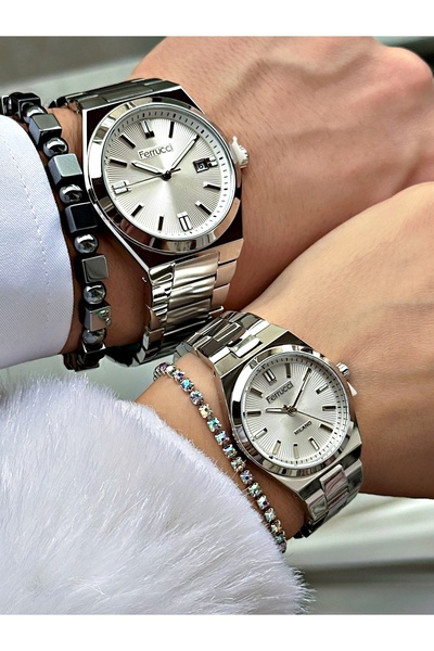 Ferrucci GÜMÜŞ TAKVİMLİ METAL ÇİFT SAATLER