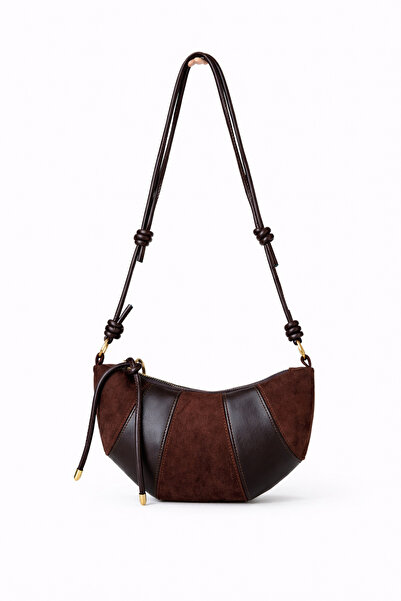 KISCHE Brown Suede Leather Garni Croissant Model Sports Hand and Shoulder Bag...