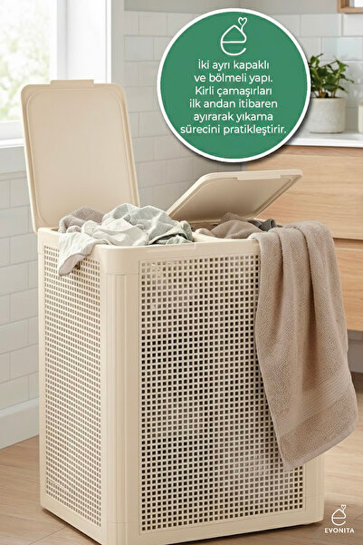 EVONİTA İki Bölmeli Çamaşır Sepeti 84 Lt Modern Tasarım