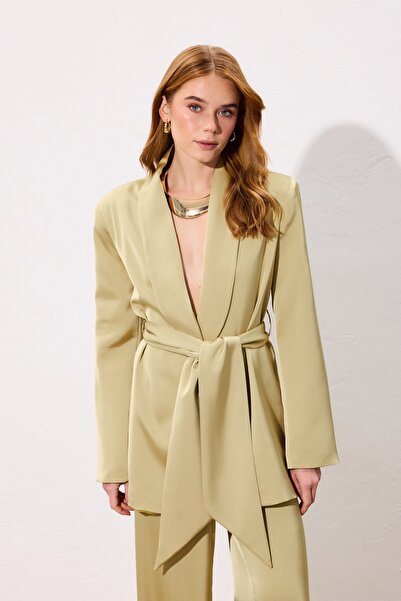 Sateen Belted Satin Jacket - Olive