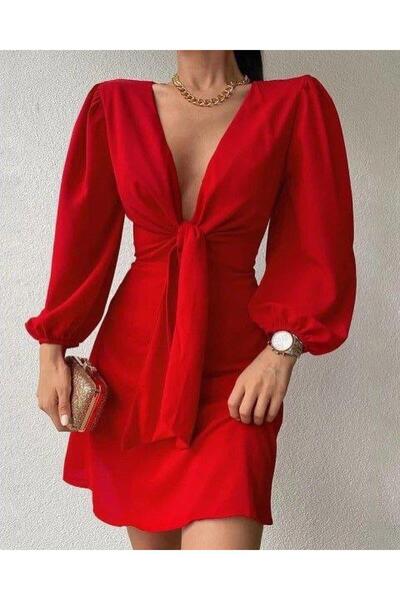 Modafeminen Κόκκινο φόρεμα με διπλό στήθος, γιακά και κορδόνι στην ίδια γραμμ...